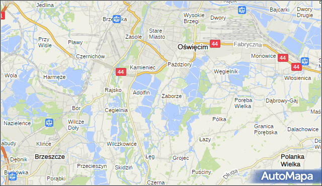 mapa Zaborze gmina Oświęcim, Zaborze gmina Oświęcim na mapie Targeo