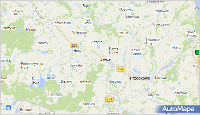 mapa Załęże gmina Przodkowo, Załęże gmina Przodkowo na mapie Targeo