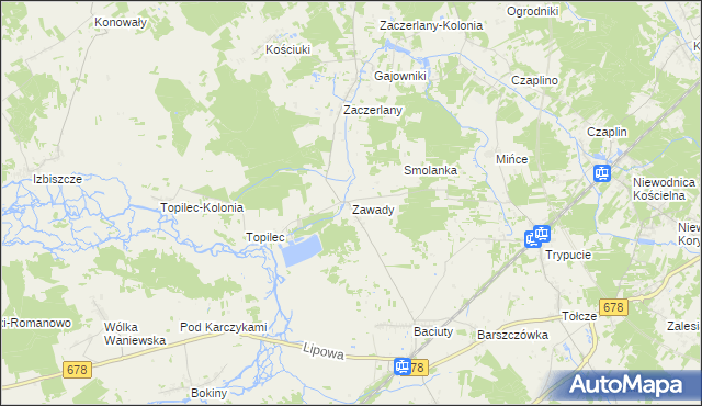 mapa Zawady gmina Turośń Kościelna, Zawady gmina Turośń Kościelna na mapie Targeo