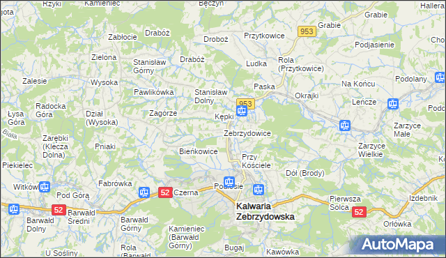 mapa Zebrzydowice gmina Kalwaria Zebrzydowska, Zebrzydowice gmina Kalwaria Zebrzydowska na mapie Targeo