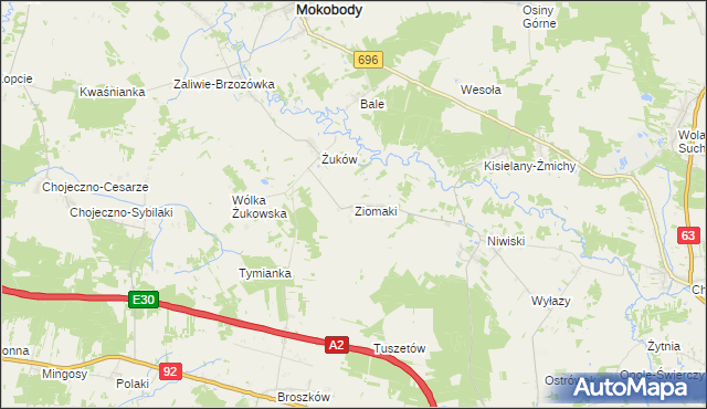 mapa Ziomaki gmina Mokobody, Ziomaki gmina Mokobody na mapie Targeo