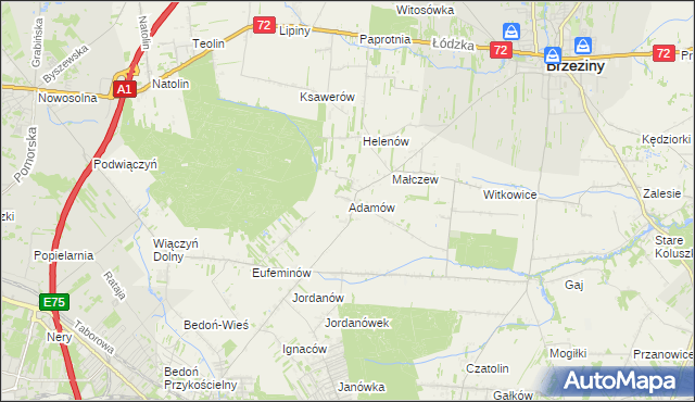 mapa Adamów gmina Brzeziny, Adamów gmina Brzeziny na mapie Targeo