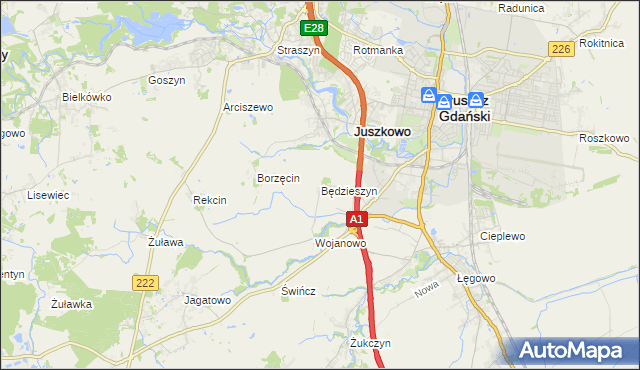 mapa Będzieszyn gmina Pruszcz Gdański, Będzieszyn gmina Pruszcz Gdański na mapie Targeo