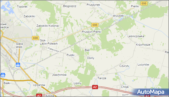 mapa Biel gmina Siedlce, Biel gmina Siedlce na mapie Targeo