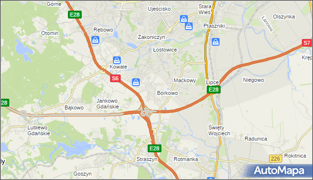 mapa Borkowo gmina Pruszcz Gdański, Borkowo gmina Pruszcz Gdański na mapie Targeo