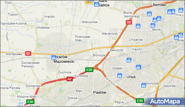 mapa Bronisze gmina Ożarów Mazowiecki, Bronisze gmina Ożarów Mazowiecki na mapie Targeo