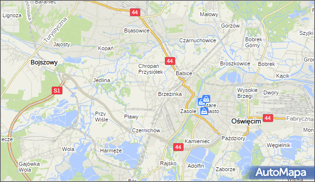 mapa Brzezinka gmina Oświęcim, Brzezinka gmina Oświęcim na mapie Targeo
