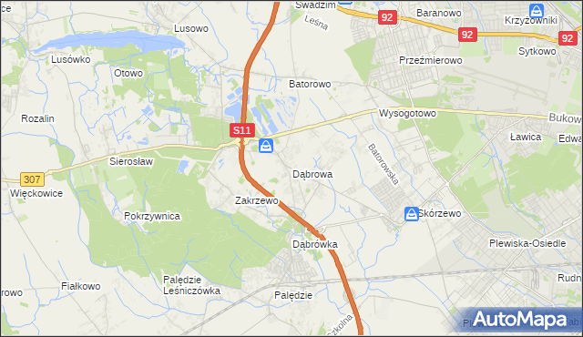 mapa Dąbrowa gmina Dopiewo, Dąbrowa gmina Dopiewo na mapie Targeo