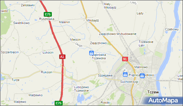 mapa Dąbrówka Tczewska, Dąbrówka Tczewska na mapie Targeo