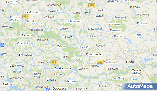 mapa Hucisko gmina Gdów, Hucisko gmina Gdów na mapie Targeo