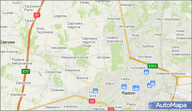 mapa Janiszew gmina Zakrzew, Janiszew gmina Zakrzew na mapie Targeo