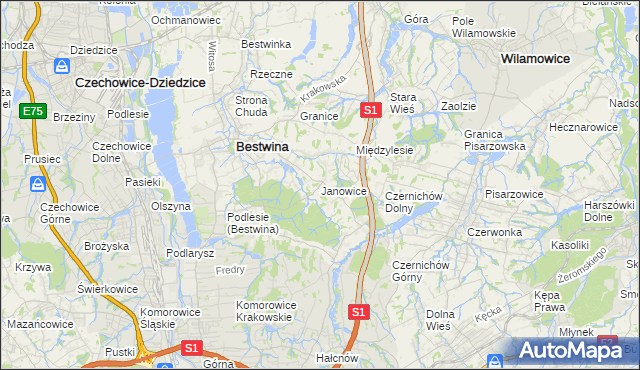 mapa Janowice gmina Bestwina, Janowice gmina Bestwina na mapie Targeo