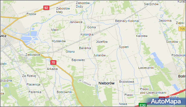 mapa Julianów gmina Nieborów, Julianów gmina Nieborów na mapie Targeo