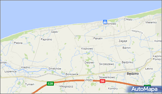 mapa Kiszkowo gmina Będzino, Kiszkowo gmina Będzino na mapie Targeo