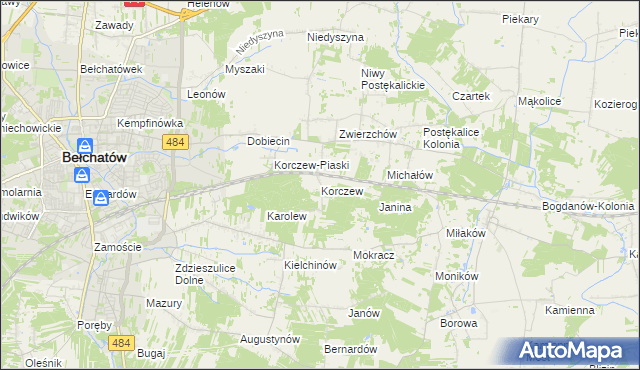 mapa Korczew gmina Bełchatów, Korczew gmina Bełchatów na mapie Targeo