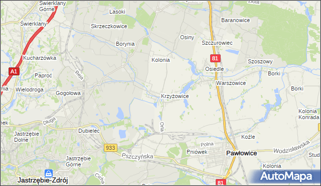 mapa Krzyżowice gmina Pawłowice, Krzyżowice gmina Pawłowice na mapie Targeo