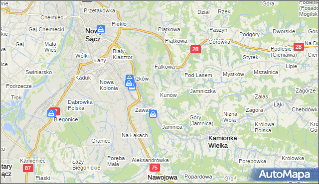 mapa Kunów gmina Chełmiec, Kunów gmina Chełmiec na mapie Targeo