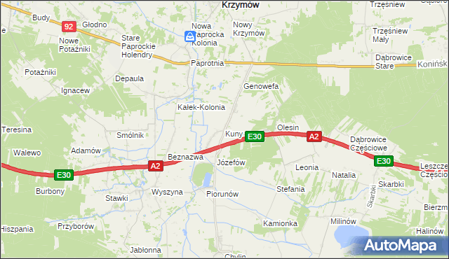 mapa Kuny gmina Władysławów, Kuny gmina Władysławów na mapie Targeo