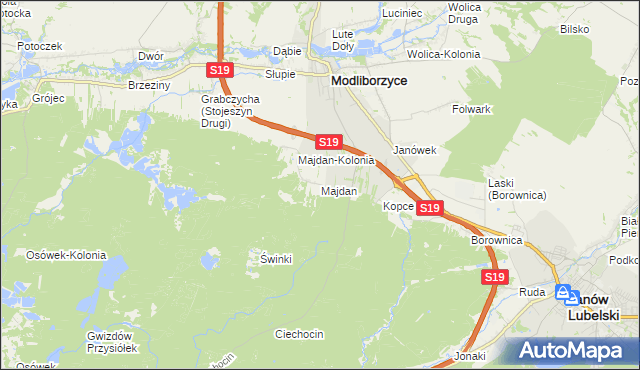 mapa Majdan gmina Modliborzyce, Majdan gmina Modliborzyce na mapie Targeo