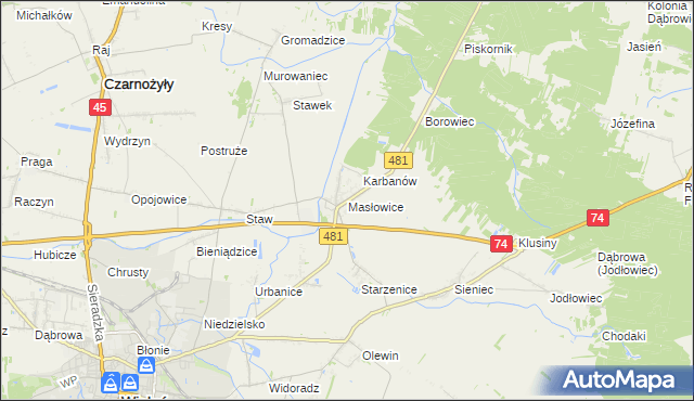 mapa Masłowice gmina Wieluń, Masłowice gmina Wieluń na mapie Targeo