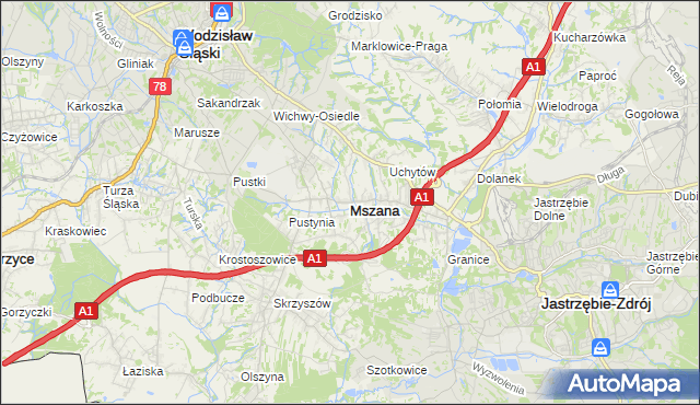 mapa Mszana powiat wodzisławski, Mszana powiat wodzisławski na mapie Targeo