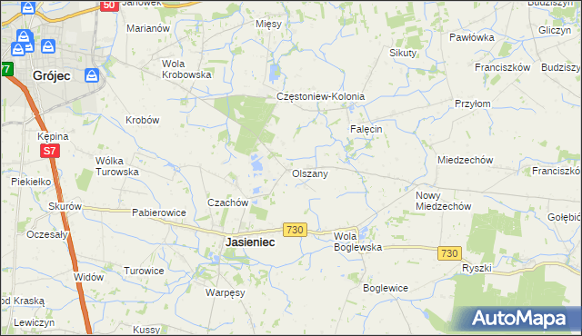 mapa Olszany gmina Jasieniec, Olszany gmina Jasieniec na mapie Targeo