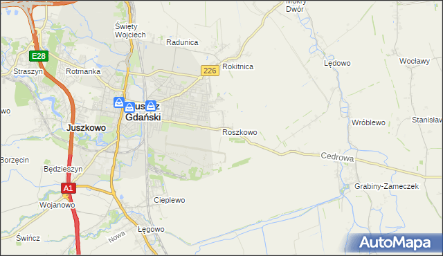 mapa Roszkowo gmina Pruszcz Gdański, Roszkowo gmina Pruszcz Gdański na mapie Targeo