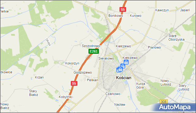 mapa Sierakowo gmina Kościan, Sierakowo gmina Kościan na mapie Targeo