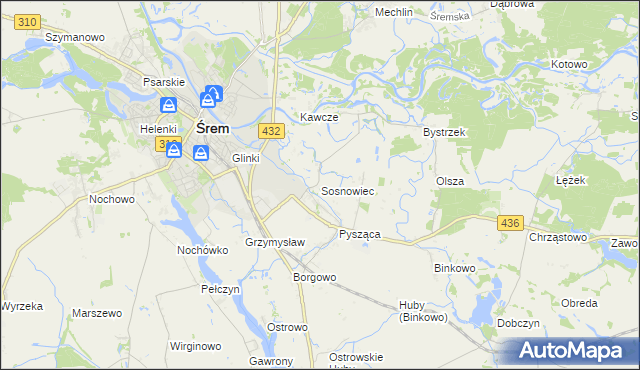 mapa Sosnowiec gmina Śrem, Sosnowiec gmina Śrem na mapie Targeo