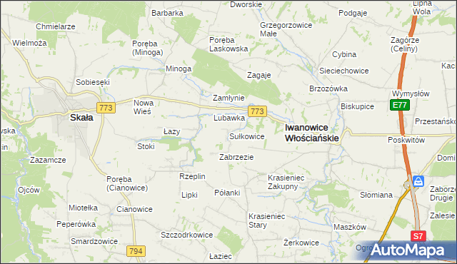 mapa Sułkowice gmina Iwanowice, Sułkowice gmina Iwanowice na mapie Targeo