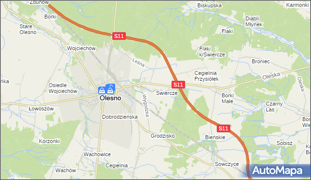mapa Świercze gmina Olesno, Świercze gmina Olesno na mapie Targeo