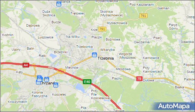 mapa Trzebinia powiat chrzanowski, Trzebinia powiat chrzanowski na mapie Targeo