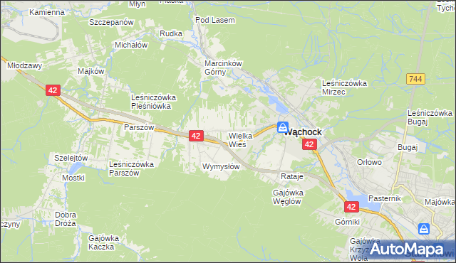 mapa Wielka Wieś gmina Wąchock, Wielka Wieś gmina Wąchock na mapie Targeo