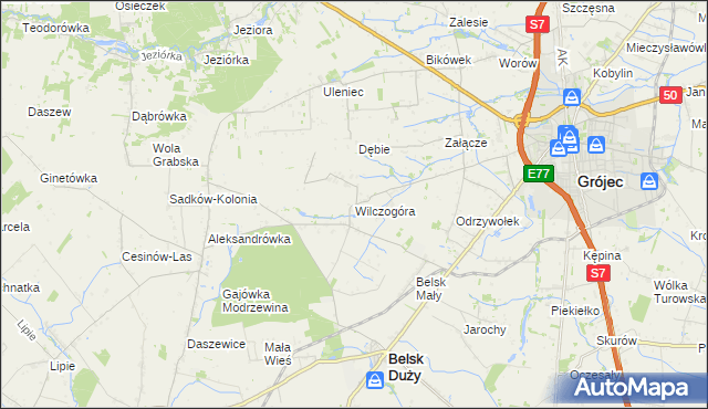 mapa Wilczogóra gmina Belsk Duży, Wilczogóra gmina Belsk Duży na mapie Targeo