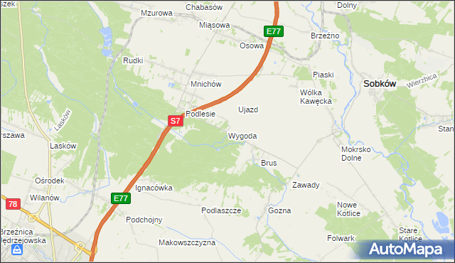 mapa Wygoda gmina Jędrzejów, Wygoda gmina Jędrzejów na mapie Targeo