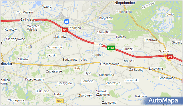 mapa Zagórze gmina Niepołomice, Zagórze gmina Niepołomice na mapie Targeo