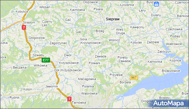 mapa Zawada gmina Myślenice, Zawada gmina Myślenice na mapie Targeo