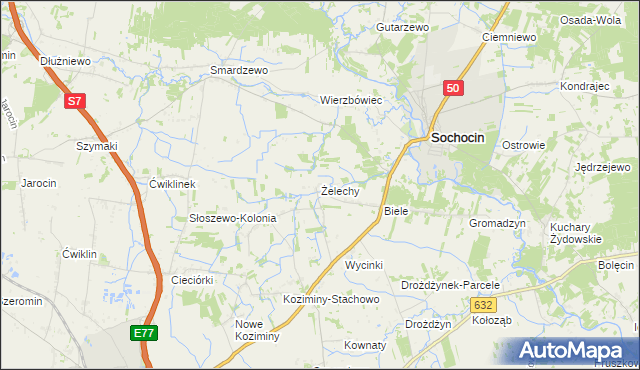 mapa Żelechy gmina Sochocin, Żelechy gmina Sochocin na mapie Targeo