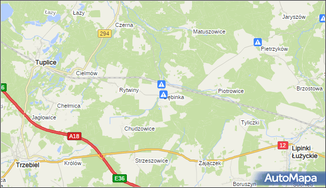 mapa Dębinka gmina Trzebiel, Dębinka gmina Trzebiel na mapie Targeo