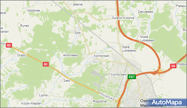 mapa Komorowo gmina Ostrów Mazowiecka, Komorowo gmina Ostrów Mazowiecka na mapie Targeo