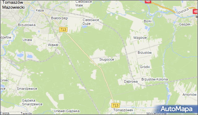 mapa Sługocice gmina Tomaszów Mazowiecki, Sługocice gmina Tomaszów Mazowiecki na mapie Targeo
