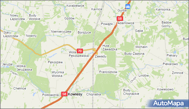 mapa Zawady gmina Kowiesy, Zawady gmina Kowiesy na mapie Targeo