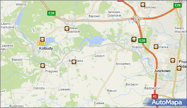 mapa Goszyn gmina Pruszcz Gdański, Goszyn gmina Pruszcz Gdański na mapie Targeo