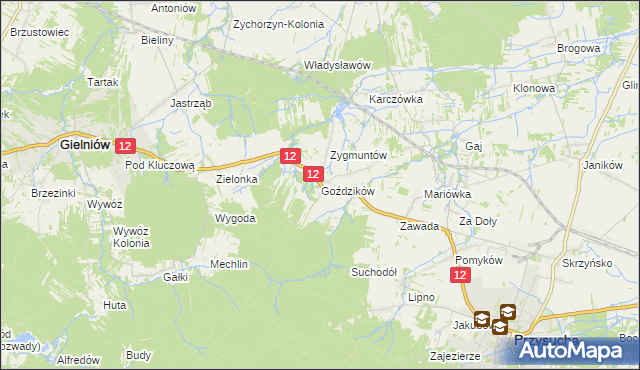 mapa Goździków gmina Gielniów, Goździków gmina Gielniów na mapie Targeo