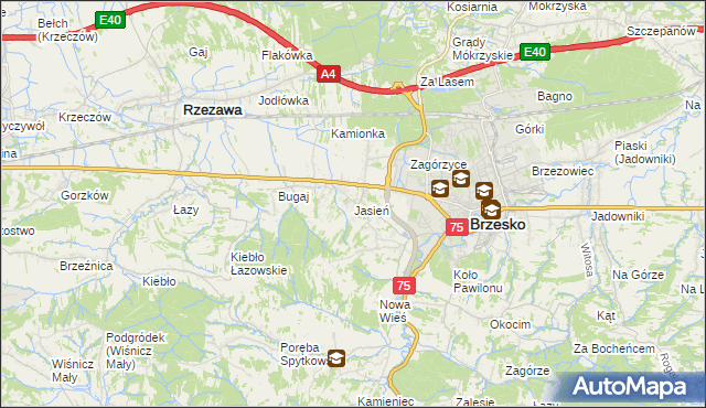 mapa Jasień gmina Brzesko, Jasień gmina Brzesko na mapie Targeo