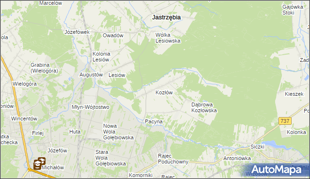 mapa Kozłów gmina Jastrzębia, Kozłów gmina Jastrzębia na mapie Targeo