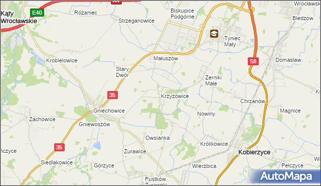 mapa Krzyżowice gmina Kobierzyce, Krzyżowice gmina Kobierzyce na mapie Targeo