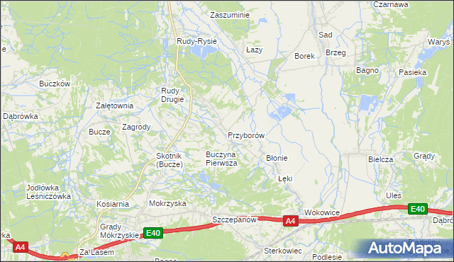 mapa Przyborów gmina Borzęcin, Przyborów gmina Borzęcin na mapie Targeo