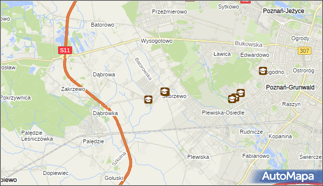 mapa Skórzewo gmina Dopiewo, Skórzewo gmina Dopiewo na mapie Targeo