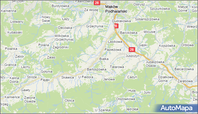 mapa Białka gmina Maków Podhalański, Białka gmina Maków Podhalański na mapie Targeo